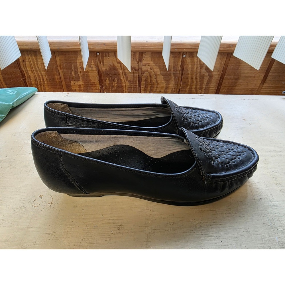 Soft Spots Constance Black Leather Woven Toe Loafers Shoes Womens 7.5 M 4031